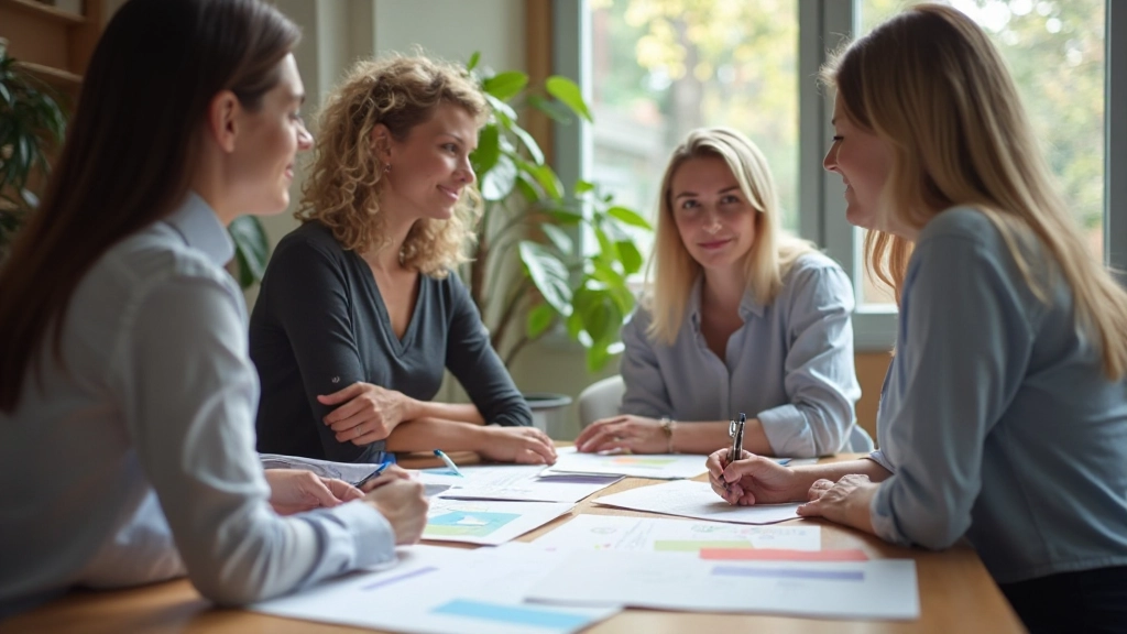 Team members collaborating at a desk with action items written on sticky notes and a planner