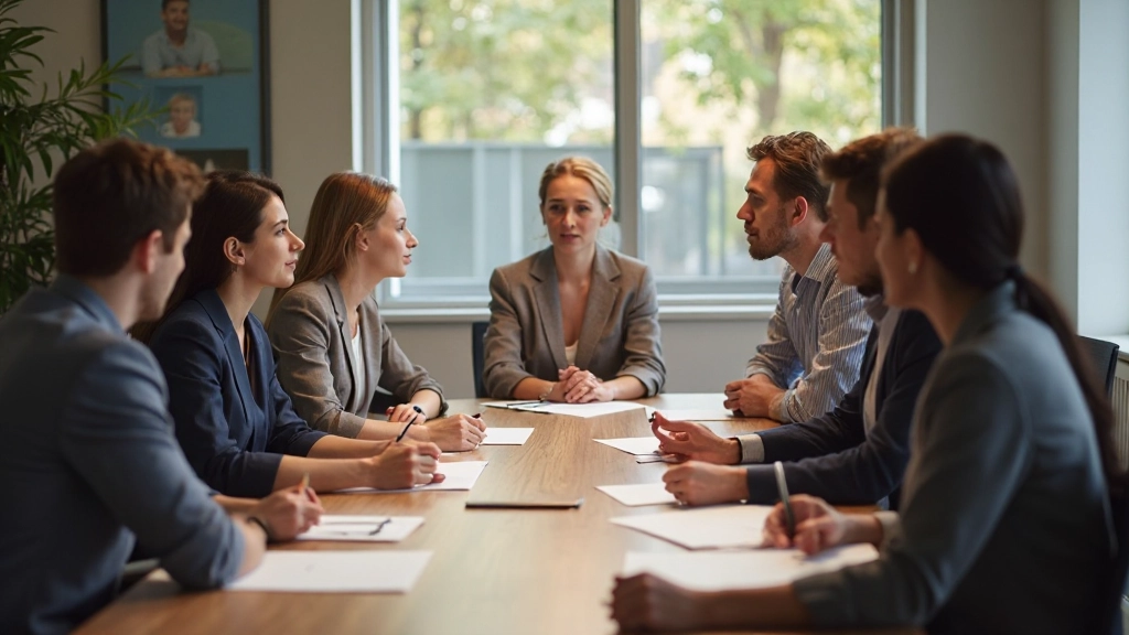 Teamleden zitten rond een tafel en kijken aandachtig naar elkaar