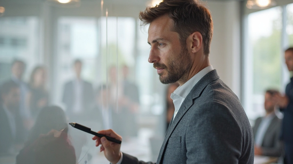 Een vergaderleider noteert actief inbreng van teamleden op een whiteboard terwijl iedereen oplet