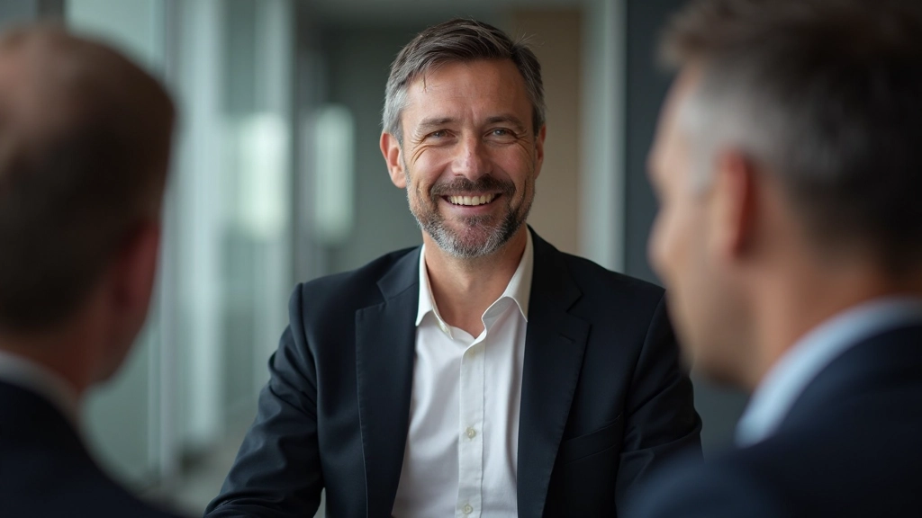 Een vergaderleider medieert tussen twee teamleden met verschillende meningen, beide luisteren respectvol
