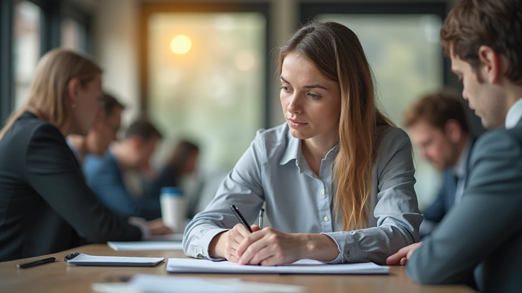 Leidinggevende maakt aantekeningen terwijl team in achtergrond werkt